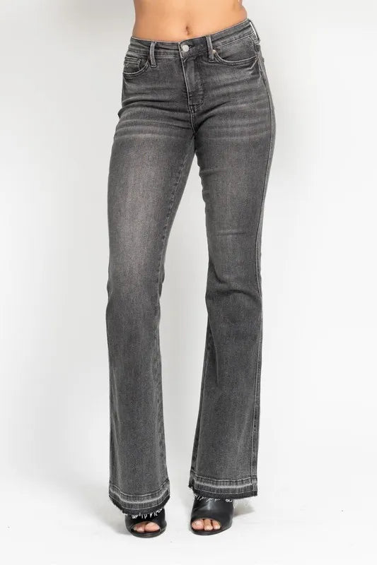 Judy Blue Full Size Mid Rise Tummy Control Washed Gray Release Hem Flare Jeans Plus Size