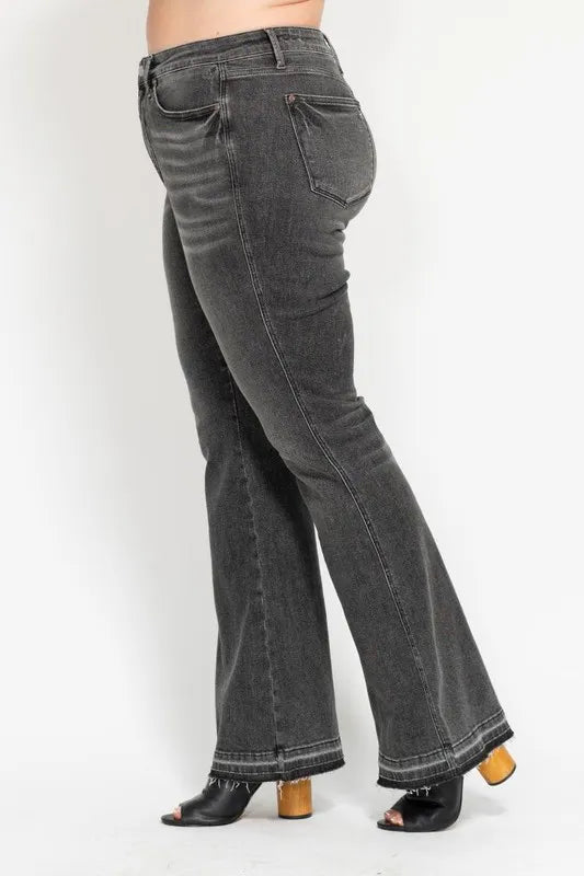 Judy Blue Full Size Mid Rise Tummy Control Washed Gray Release Hem Flare Jeans Plus Size