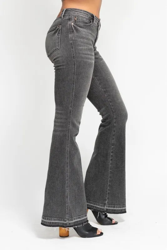 Judy Blue Full Size Mid Rise Tummy Control Washed Gray Release Hem Flare Jeans Plus Size