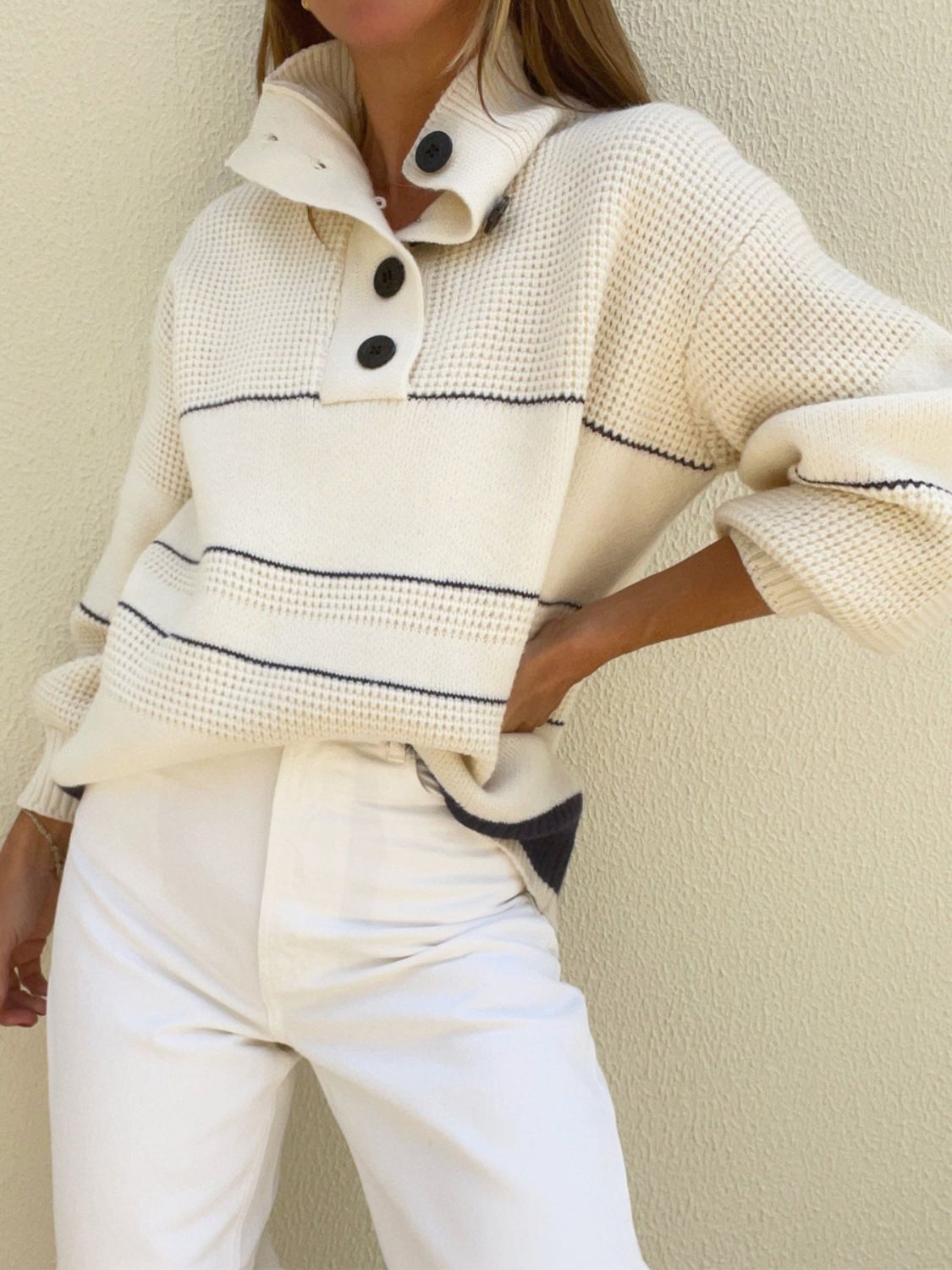 Waffle-Knit Half Button Long Sleeve Sweater