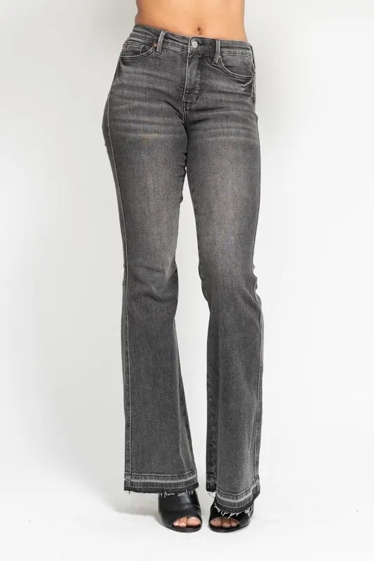 Judy Blue Full Size Mid Rise Tummy Control Washed Gray Release Hem Flare Jeans Plus Size