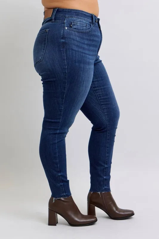 Judy Blue Full Size Mid Rise Skinny Jeans with Raw Hem Plus Size