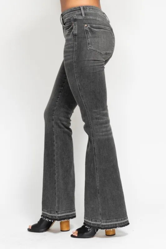 Judy Blue Full Size Mid Rise Tummy Control Washed Gray Release Hem Flare Jeans Plus Size