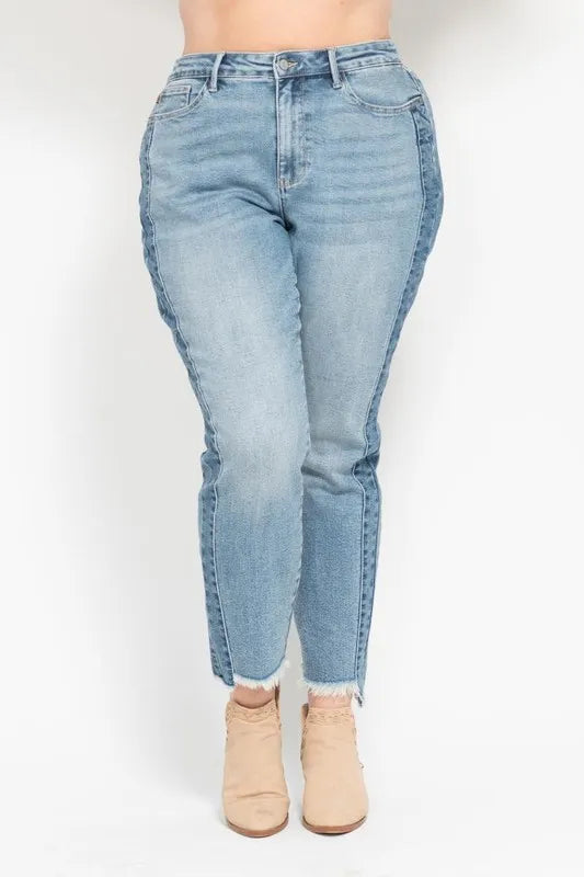 Judy Blue Full Size Vintage Wash Side Panel Detail with Fray Hem Slim Plus Size
