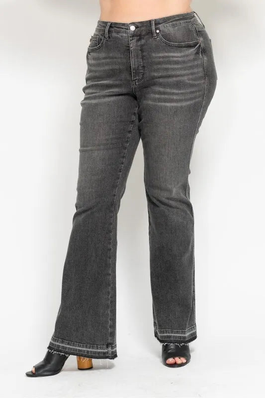 Judy Blue Full Size Mid Rise Tummy Control Washed Gray Release Hem Flare Jeans Plus Size
