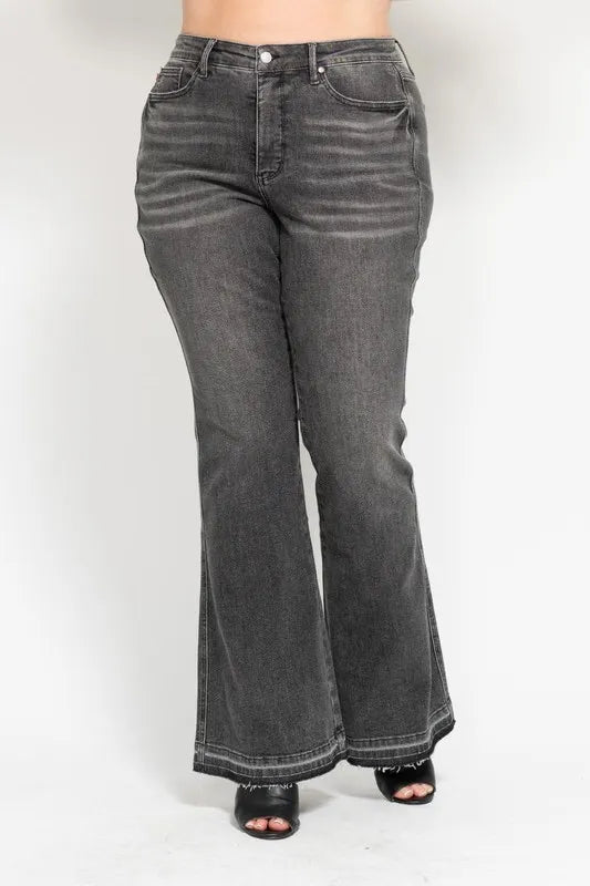 Judy Blue Full Size Mid Rise Tummy Control Washed Gray Release Hem Flare Jeans Plus Size