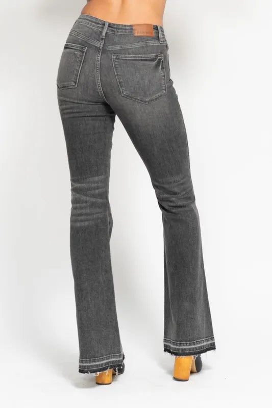 Judy Blue Full Size Mid Rise Tummy Control Washed Gray Release Hem Flare Jeans Plus Size