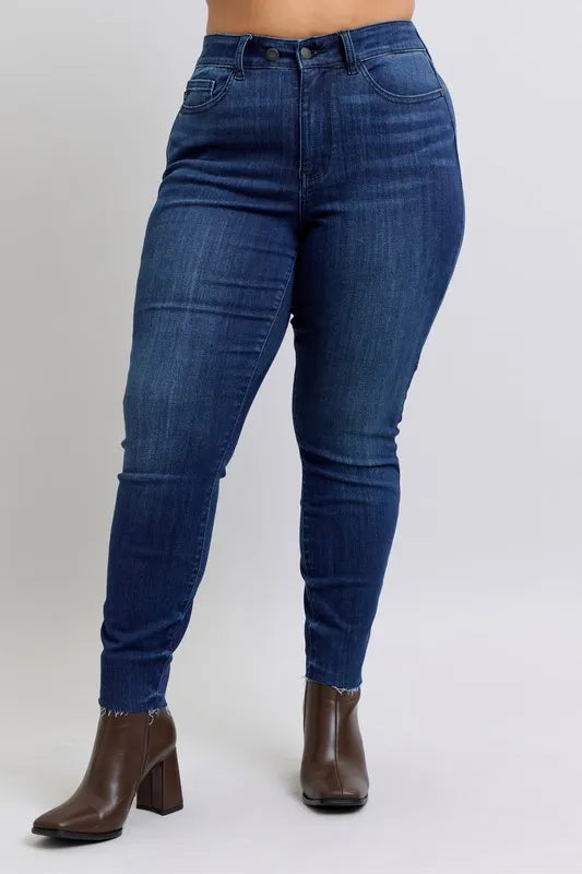 Judy Blue Full Size Mid Rise Skinny Jeans with Raw Hem Plus Size