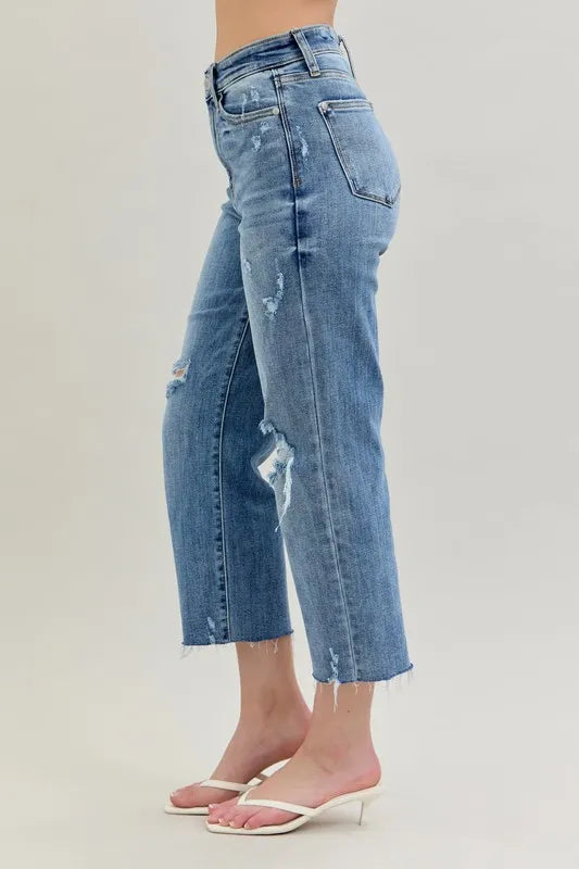 Judy Blue Full Size High Waist Destroy Crop Wide Leg Jeans Plus Size
