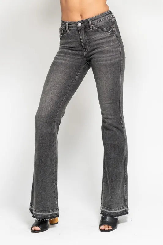 Judy Blue Full Size Mid Rise Tummy Control Washed Gray Release Hem Flare Jeans Plus Size