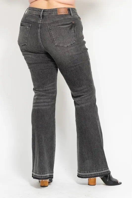 Judy Blue Full Size Mid Rise Tummy Control Washed Gray Release Hem Flare Jeans Plus Size
