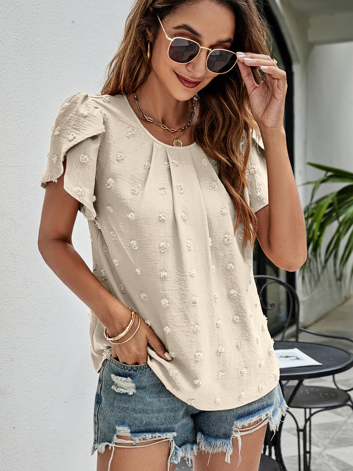 Swiss Dot Round Neck Petal Sleeve Top