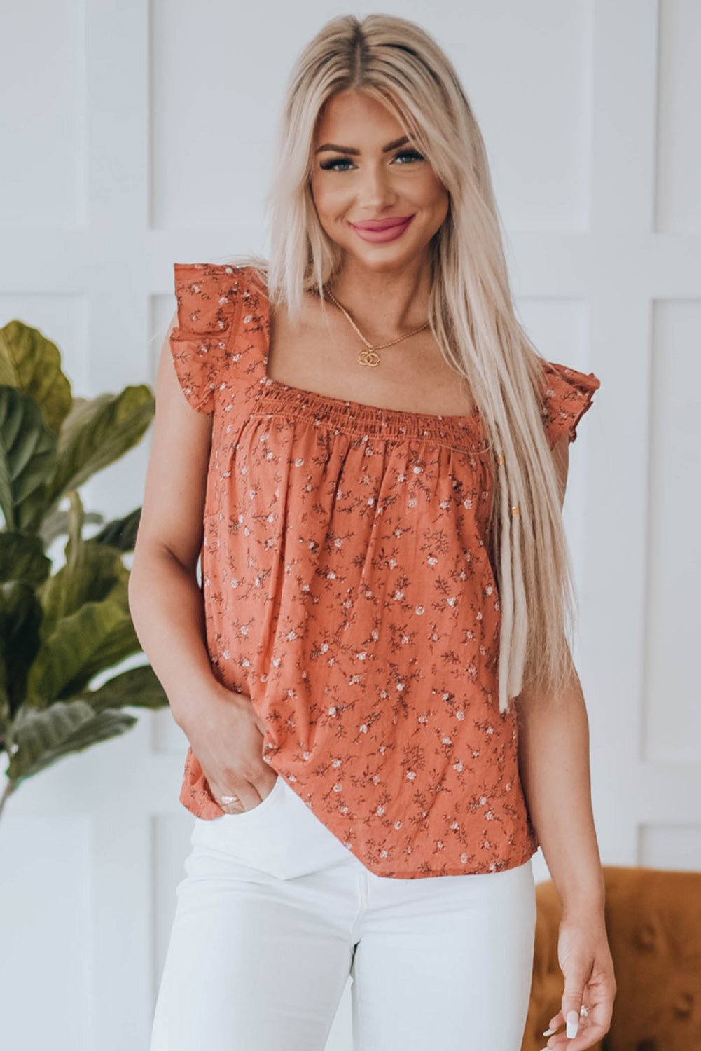 Floral Smocked Square Neck Top