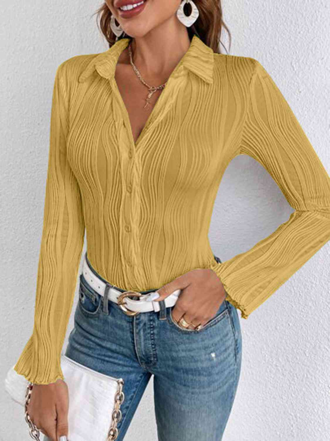 Collared Neck Long Sleeve Shirt(multiple colors)