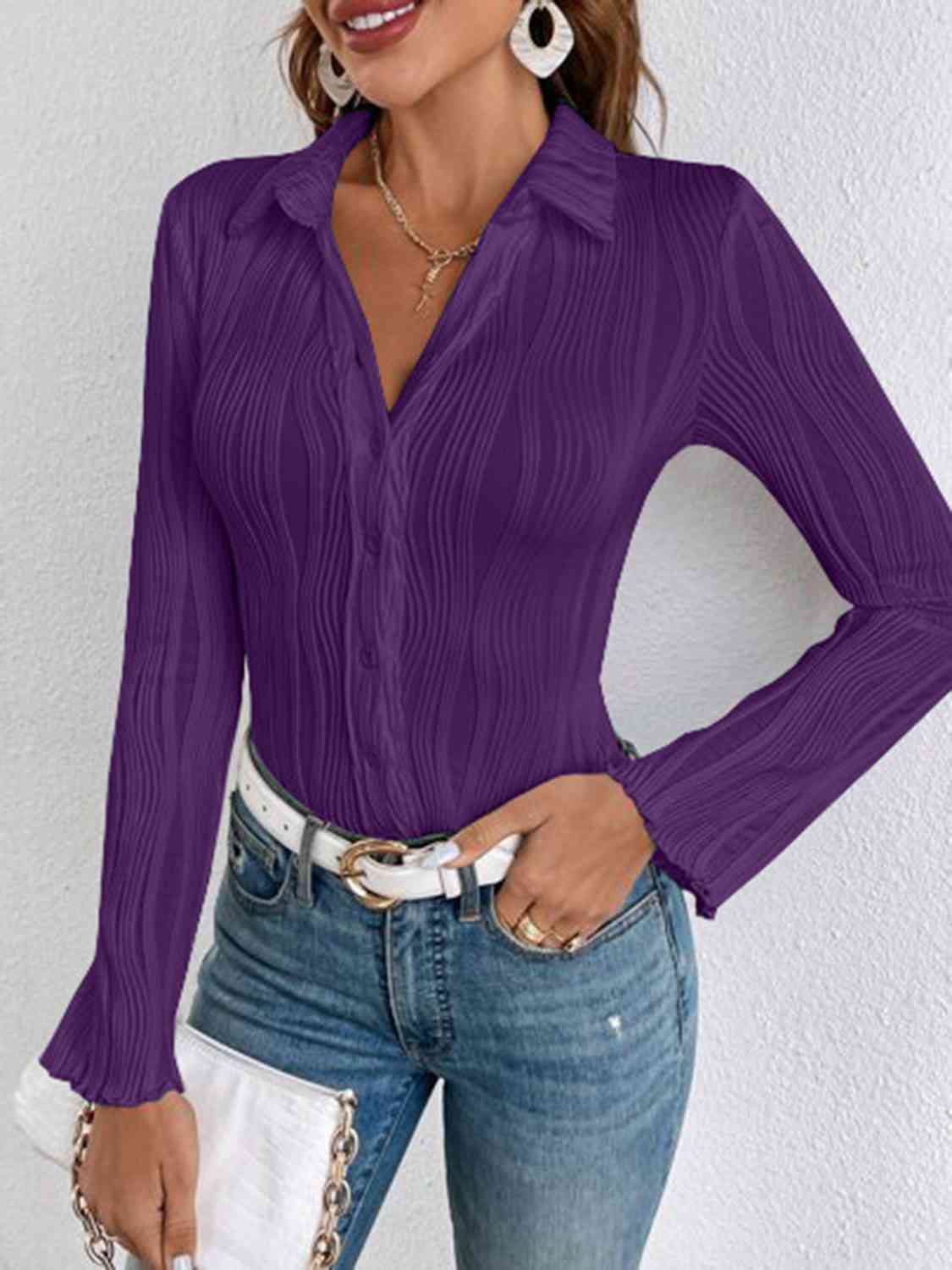 Collared Neck Long Sleeve Shirt(multiple colors)