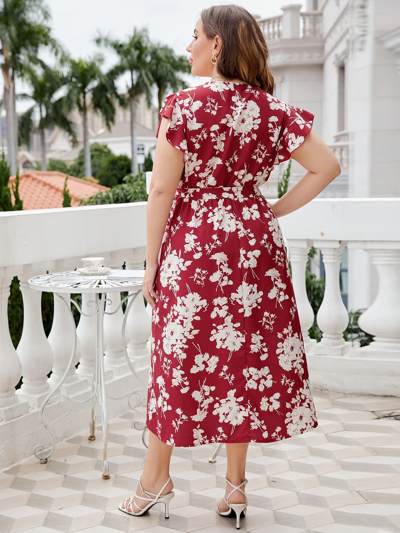 Plus Size Floral Tie Waist Surplice Neck Midi Dress