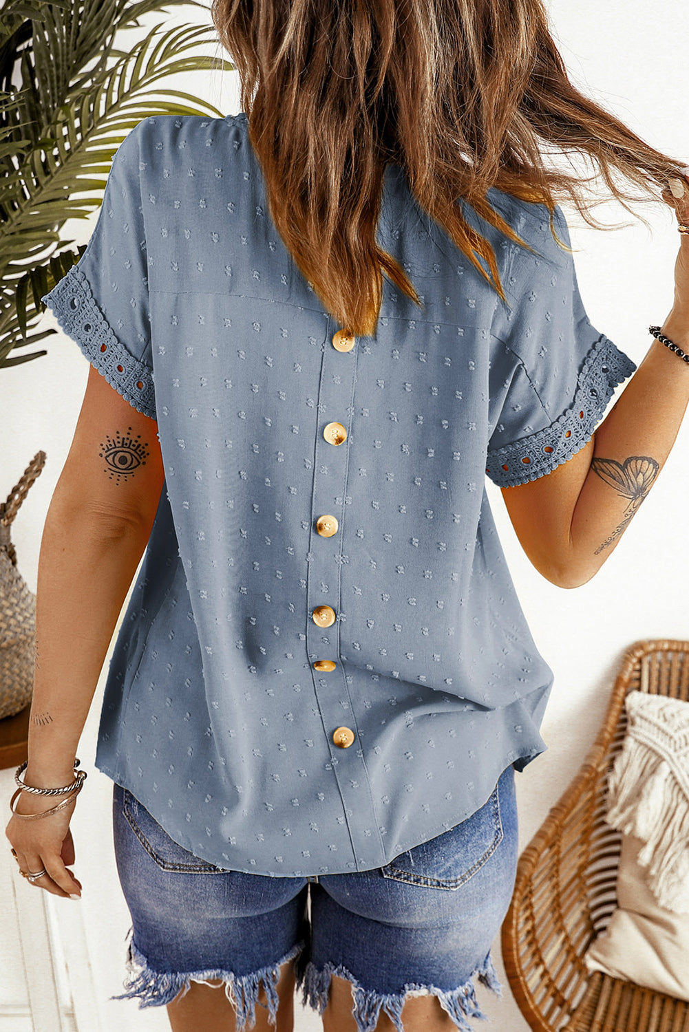 Swiss Dot Decorative Button Short Sleeve Blouse