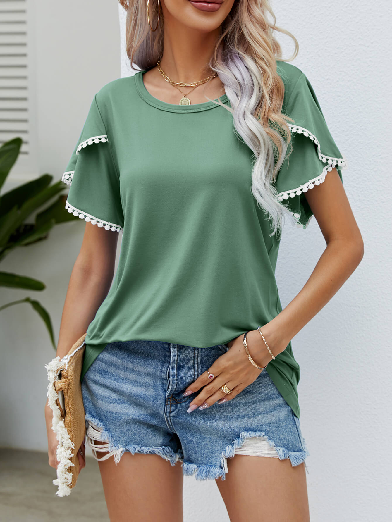 Pom-Pom Trim Flutter Sleeve Round Neck Tee