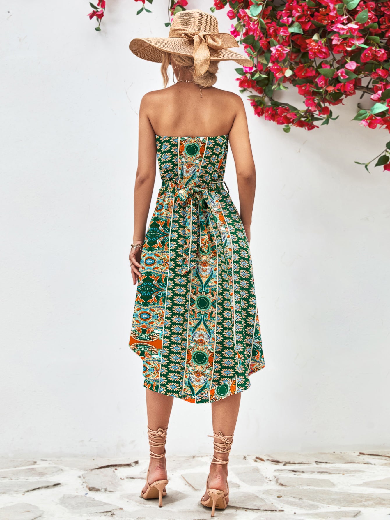 Printed Strapless Tie Belt Dress