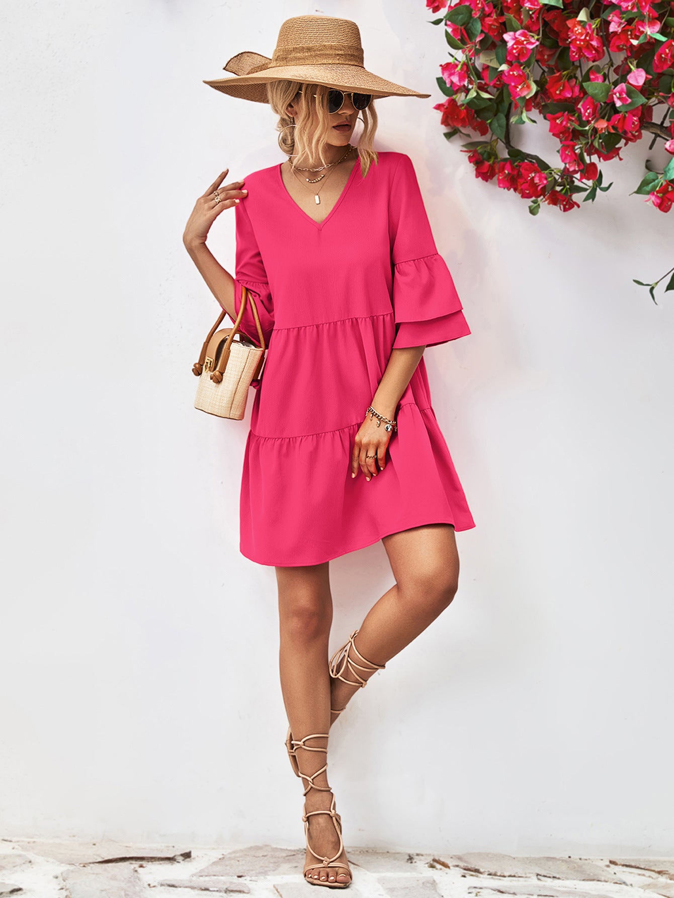 V-Neck Flare Sleeve Dress