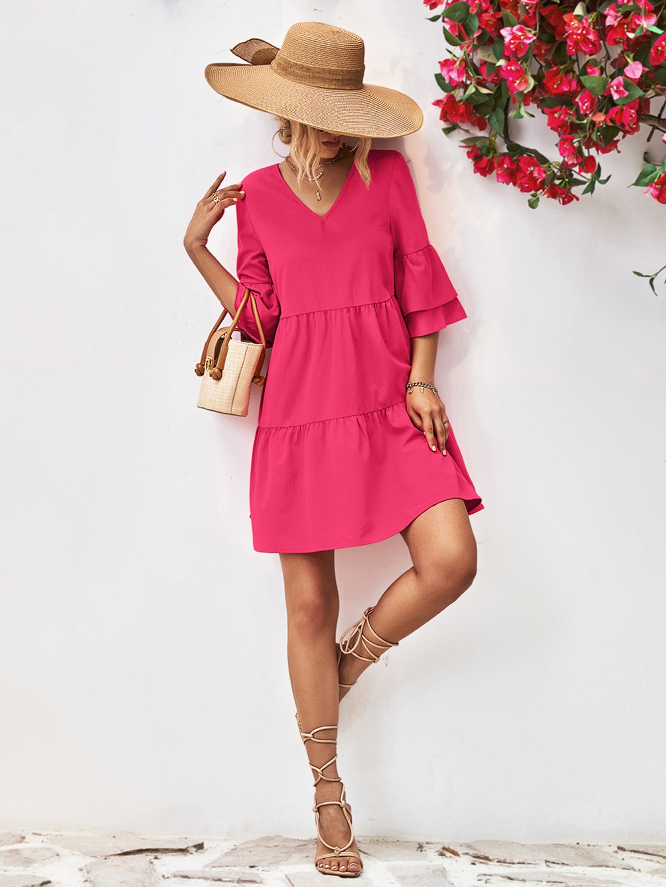 V-Neck Flare Sleeve Dress