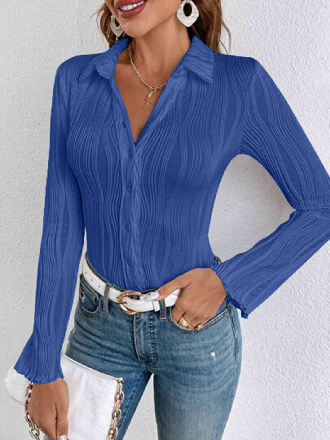 Collared Neck Long Sleeve Shirt(multiple colors)