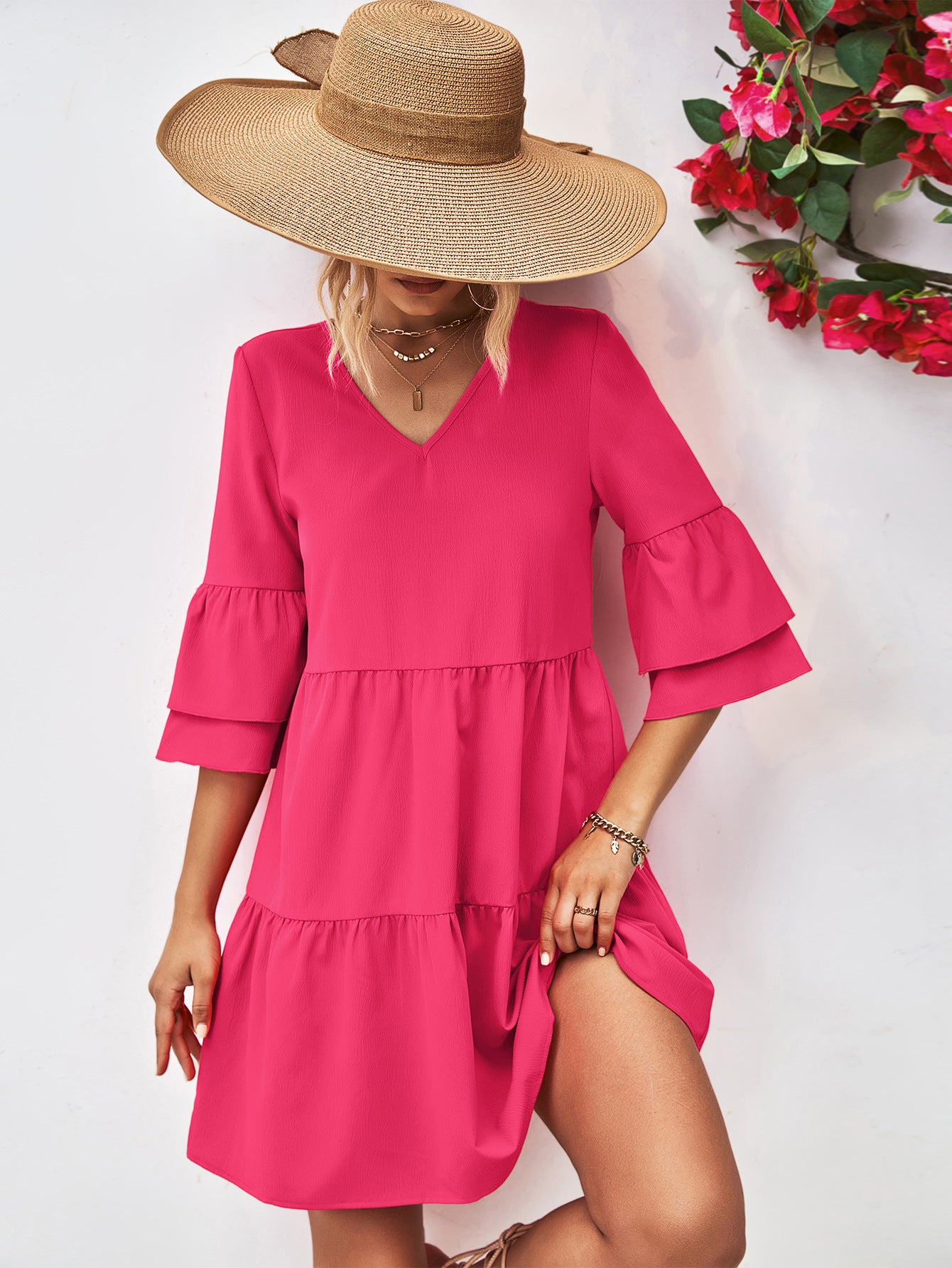 V-Neck Flare Sleeve Dress