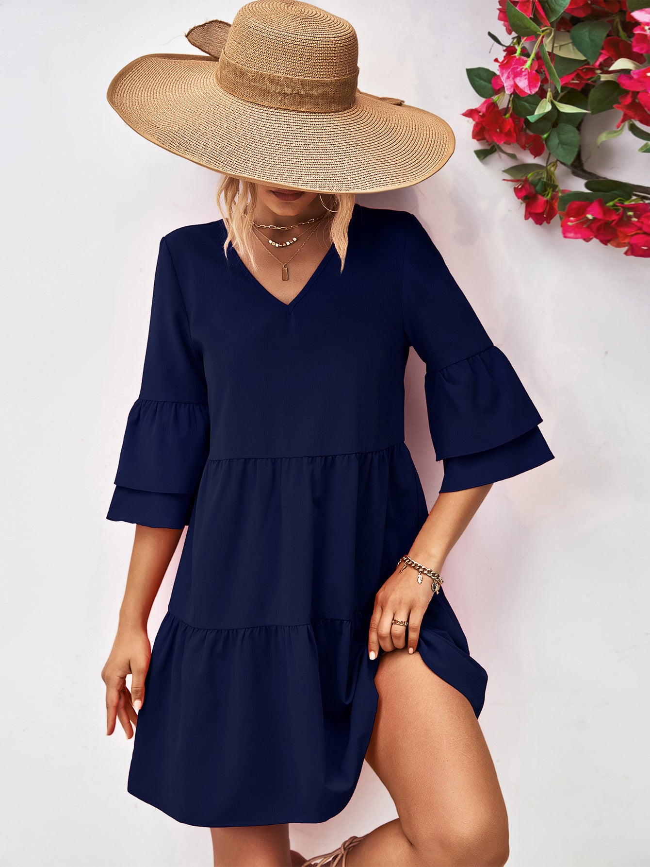 V-Neck Flare Sleeve Dress