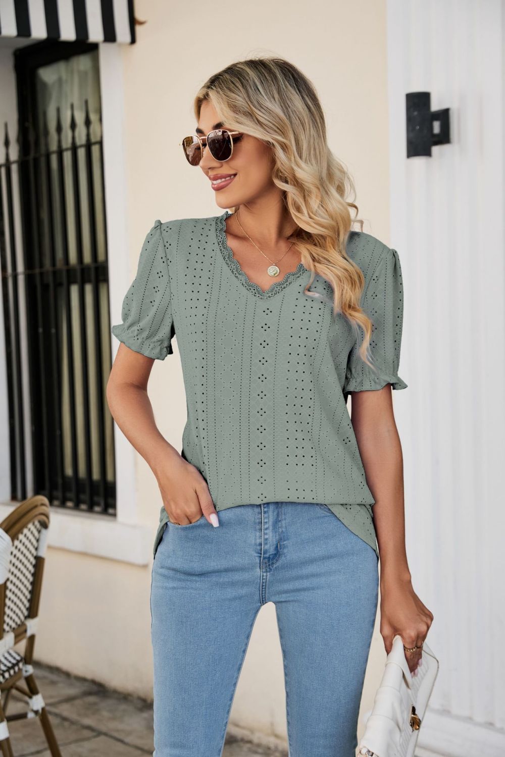 Eyelet Flounce Sleeve Scalloped V-Neck Top