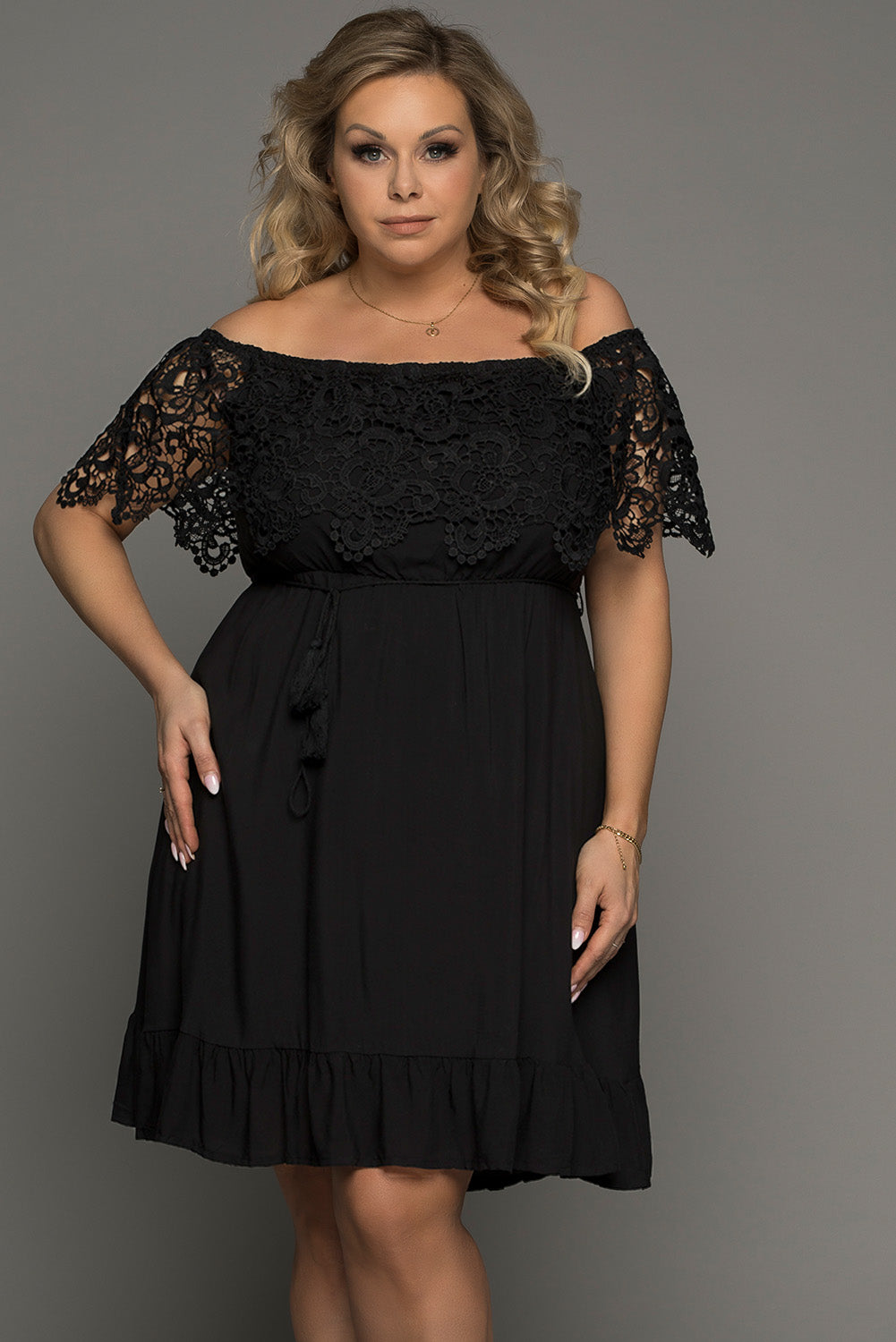 Plus Size Tassel Tie Spliced Lace Off-Shoulder Dress